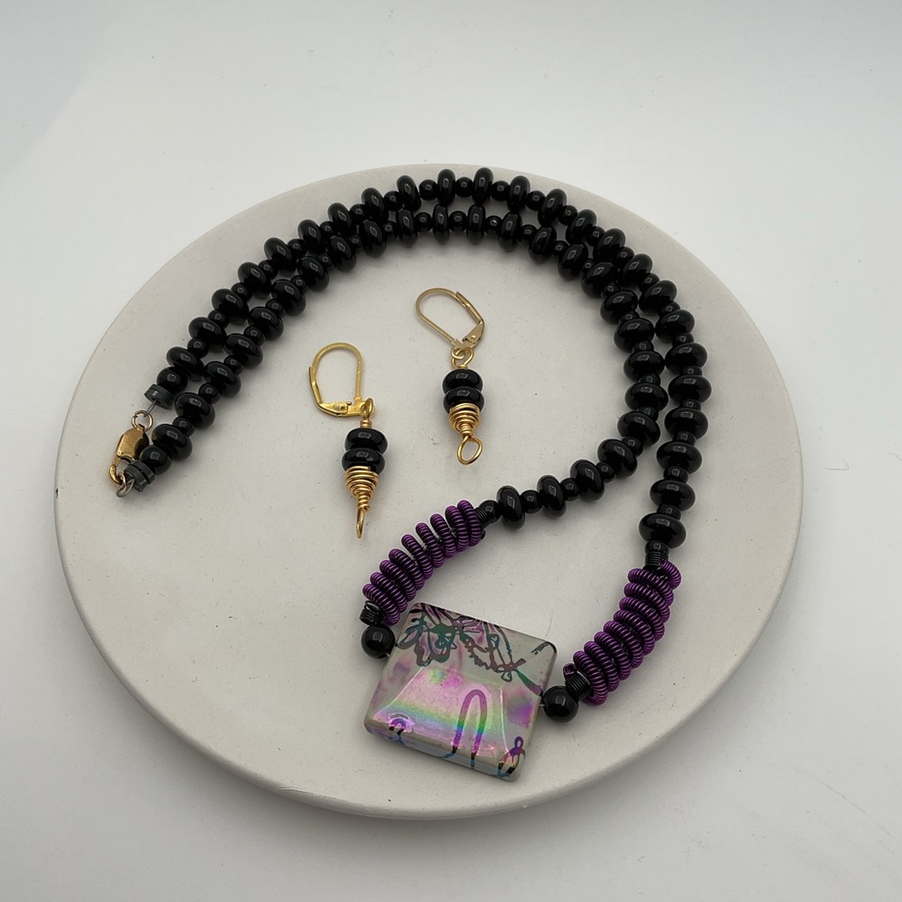 Elegant Black and Purple Beaded Necklace Set Original Design Handmade